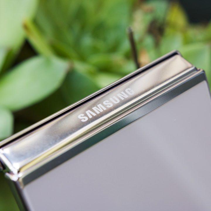 Close-up view of the Samsung logo on the hinge of the Galaxy Z Flip 5.