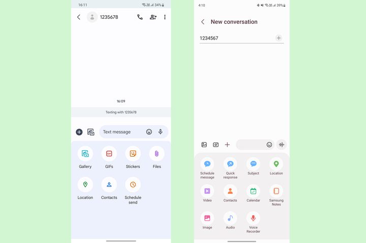 Google Messages vs Samsung Messages supported attachments.