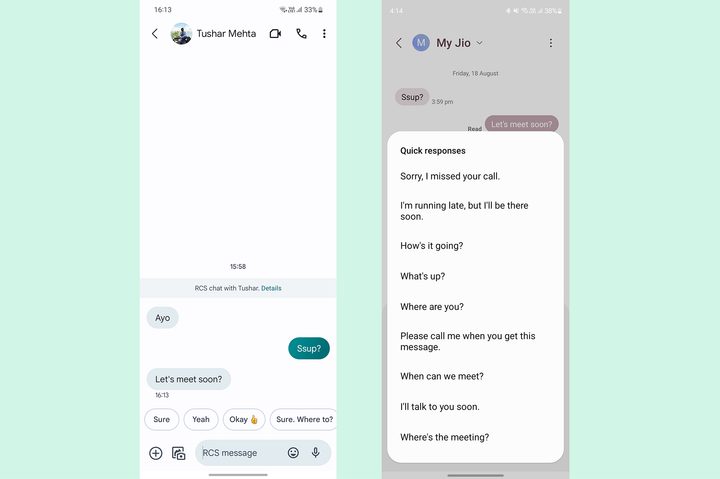 Smart responses in Google Messages vs. Samsung Messages.
