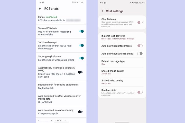 RCS settings for Google Messages vs. Samsung Messages.