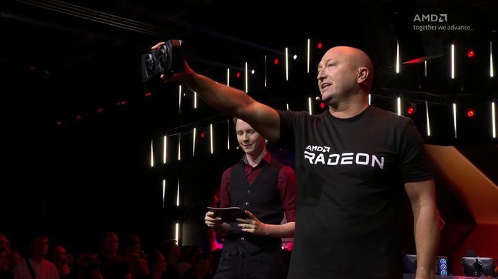 AMD's Scott Herkalman presenting the RX 7800 XT graphics card.