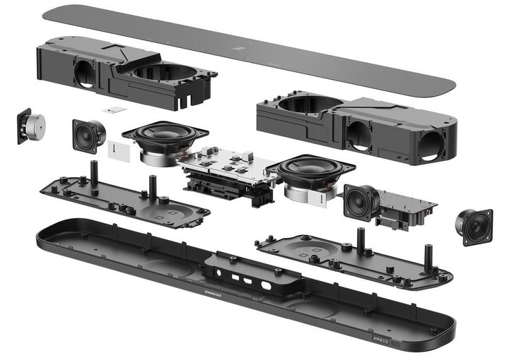 An exploded view of the Sennheiser Ambeo Soundbar Mini.