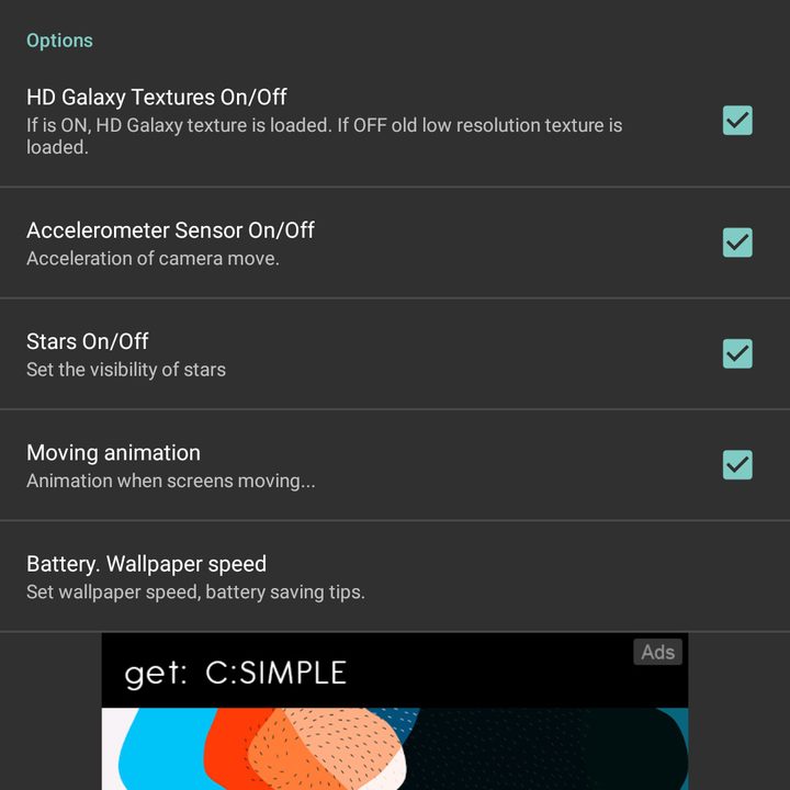 The settings menu of Shadow Galaxy.