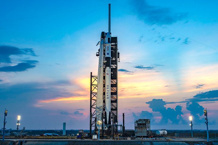 Crew-7's Falcon 9 rocket and Dragon spacecraft on the launchpad.