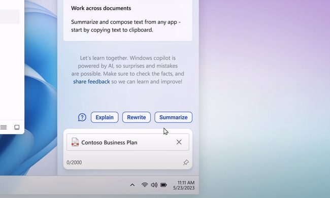Using Windows 11 copilot to summarize a document.