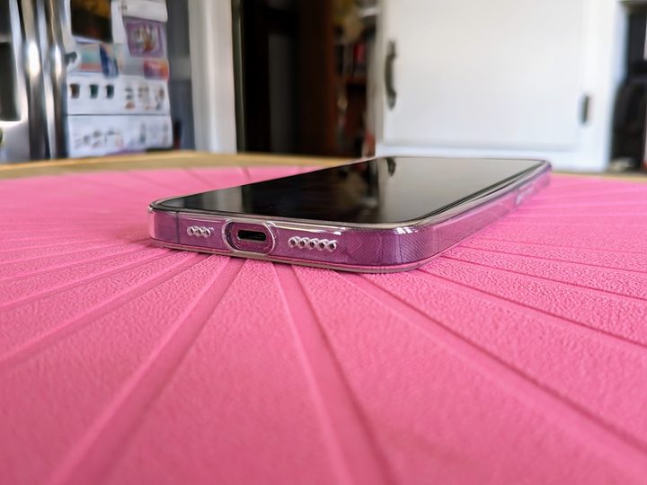Totallee iPhone 15 Pro case on iPhone 14 Pro showing the charging port cutout.