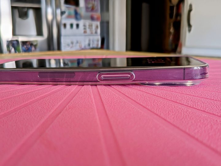 Totallee iPhone 15 Pro case on iPhone 14 Pro showing shifted position of side button.