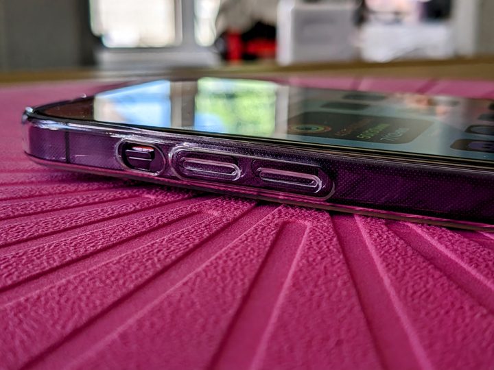 Totallee iPhone 15 Pro case on an iPhone 14 Pro showing differences in the volume button positioning.