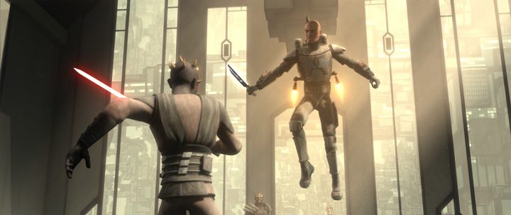 Mandalorian Pre Viszla floats above Maul during their lightsaber duel on Clone Wars.