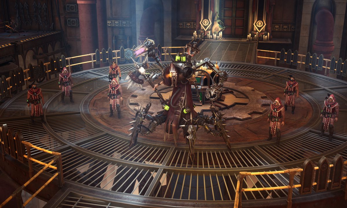 A giant machine stands in an arena in Warhammer 40,000: Rogue Trader.
