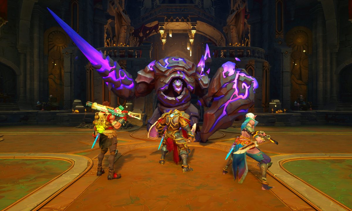 Three characters face-off against a larger enemy in Wayfinder,