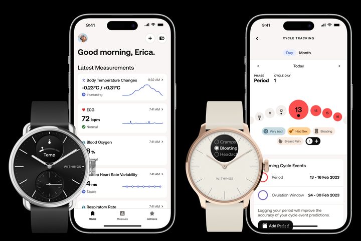 The Withings ScanWatch 2 and ScanWatch Light with the Withings app.