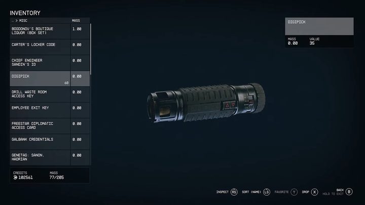 Digipicks in a menu in Starfield.