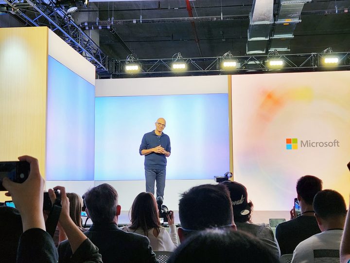 Microsoft CEO Satya Nadella talks on stage during the Microsoft September event.
