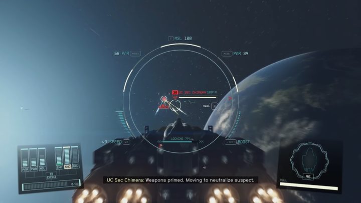A ship fires at a space pirate in Starfield.