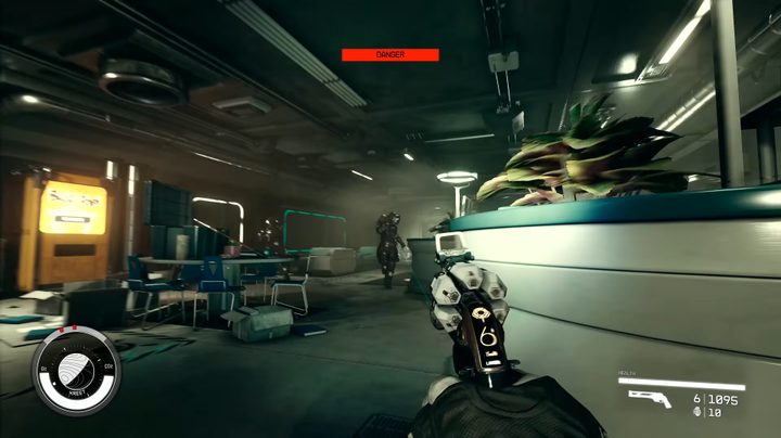 A gunfight in a space station in starfield.