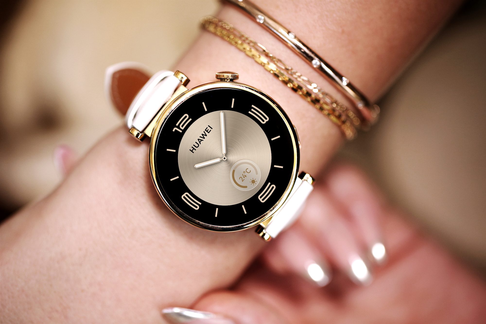 The 41mm Huawei Watch GT 4 with a white strap.