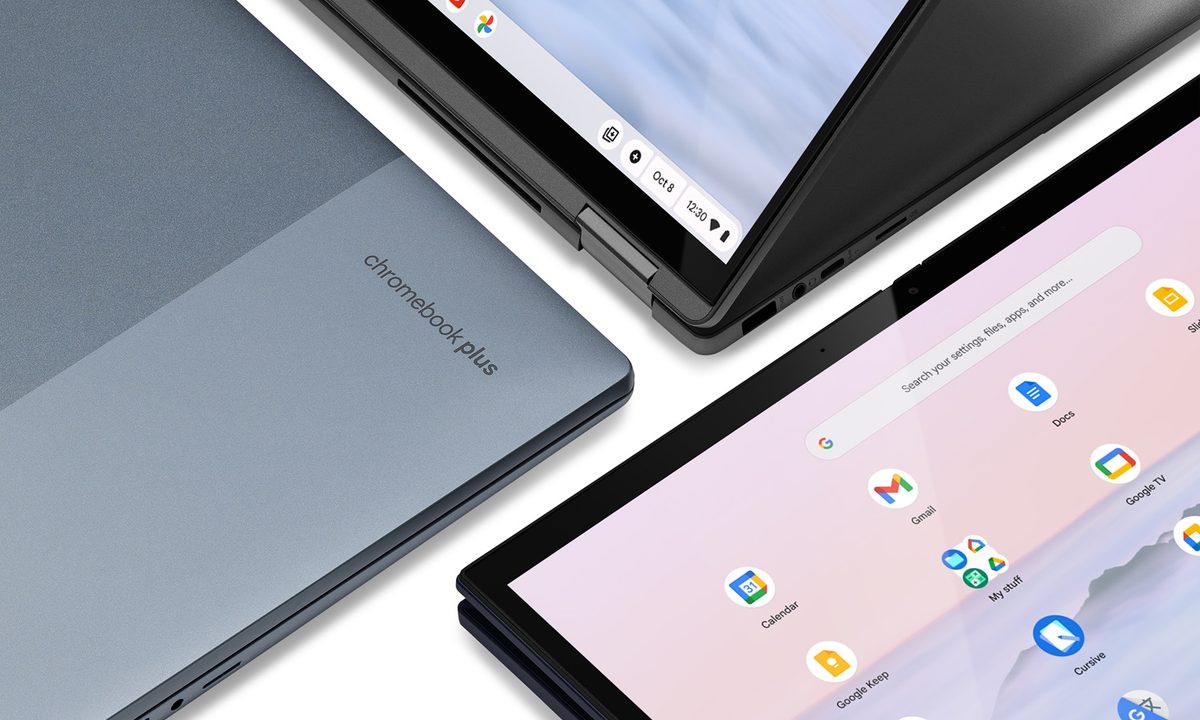 Several Chromebook Plus devices sitting by each other.
