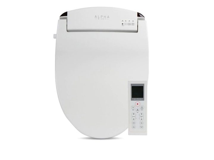 A top view of the ALPHA BIDET JX Elongated Bidet Toilet Seat with remote.