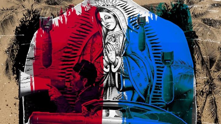 Illustrations of a man speaking into a megaphone and the Virgin of Guadalupe on someone's back in the poster for the documentary American Homeboy.