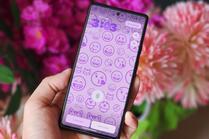 Android 14 Emoji kitchen wallpaper on Pixel 6a.