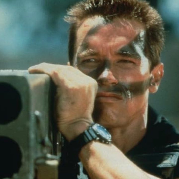 Arnold Schwarzenegger holds a rocket launcher in Commando.