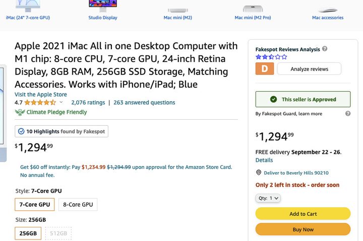 The Fakespot browser extension in Firefox, showing a score for the reviews on an Amazon page.