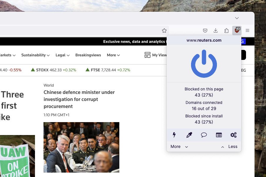 The uBlock Origin browser extension in Firefox, showing the extension's overlay describing how many ads and trackers it has blocked.