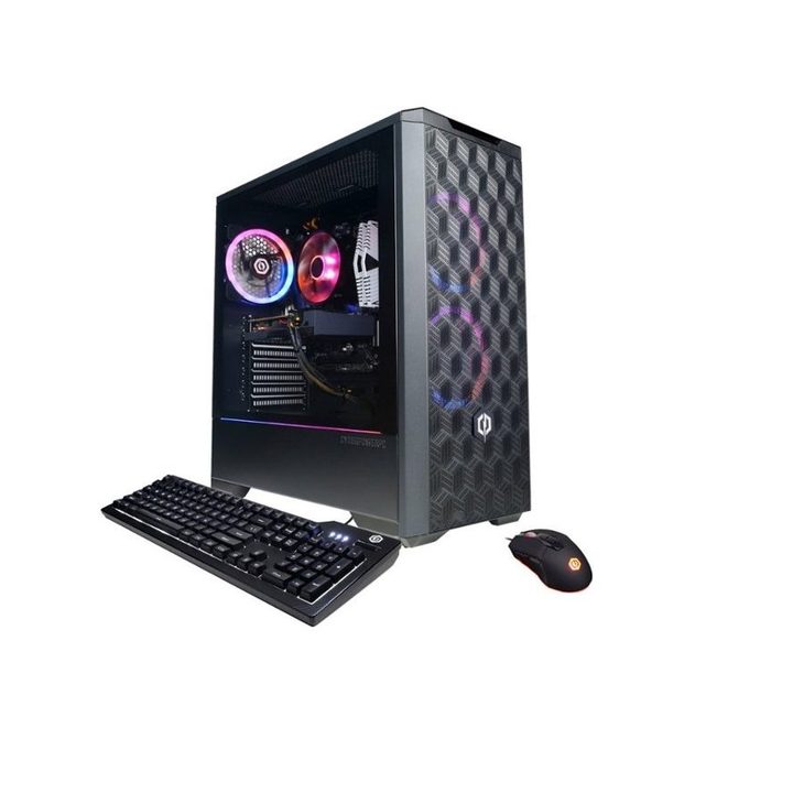 The CyberPowerPC Gamer Master Gaming Desktop alongside its mouse and keyboard.