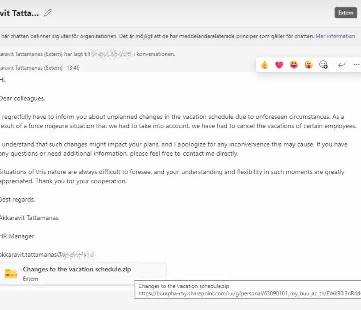 Microsoft Team message showing DarkGate Loader malware.