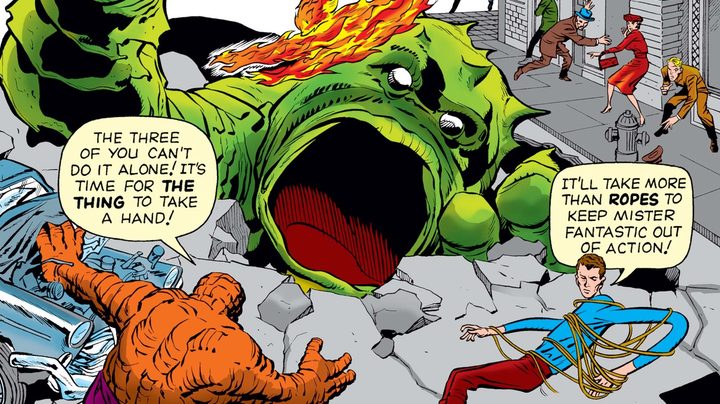 The Thing and Mister Fantastic fighting a monster.