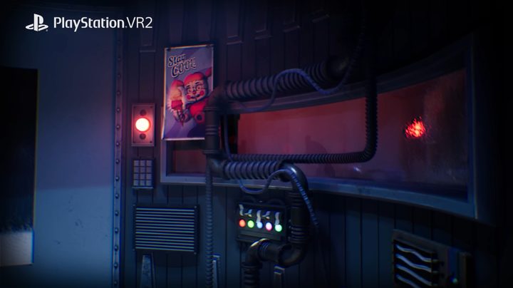 A creepy elevator from Five Nights at Freddy's: Help Wanted 2, with a poster of Circus Baby eating ice cream.