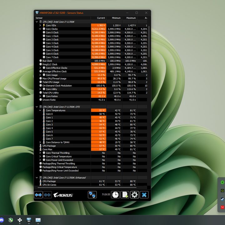 A screenshot of HWiNFO sensor panel and tray icon running on Windows 11.
