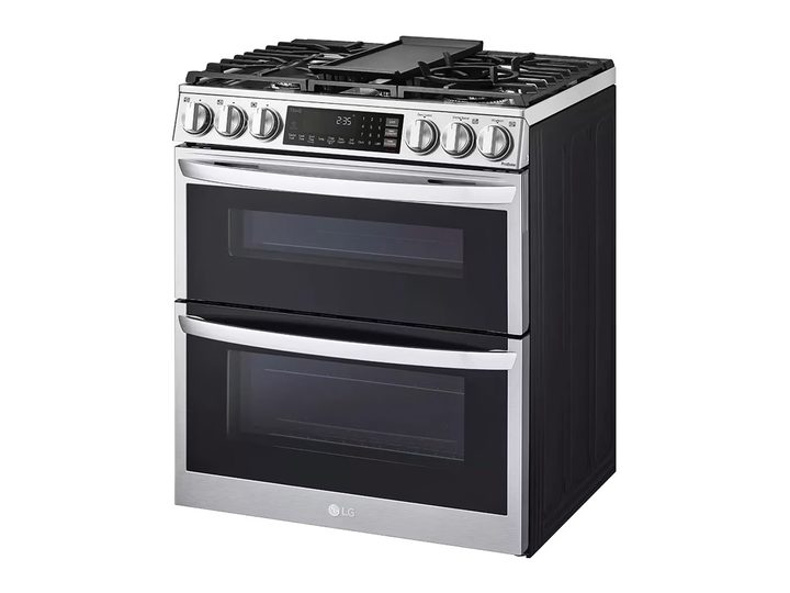 The LG 6.9 cu. ft. smart gas double oven against a white background.