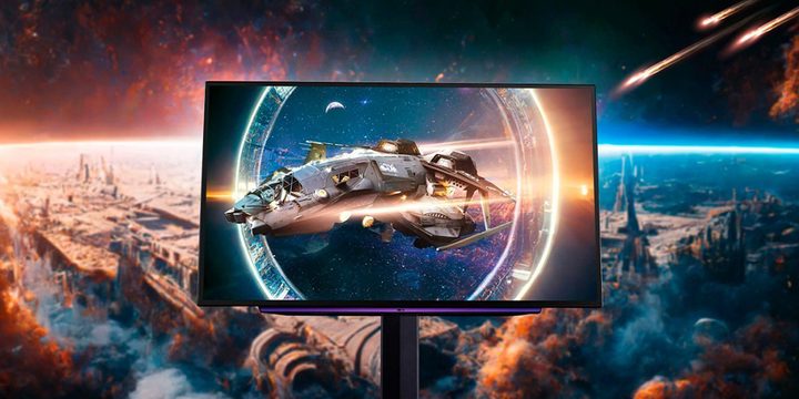 The LG UltraGear 27-inch OLED gaming monitor displaying a space game.