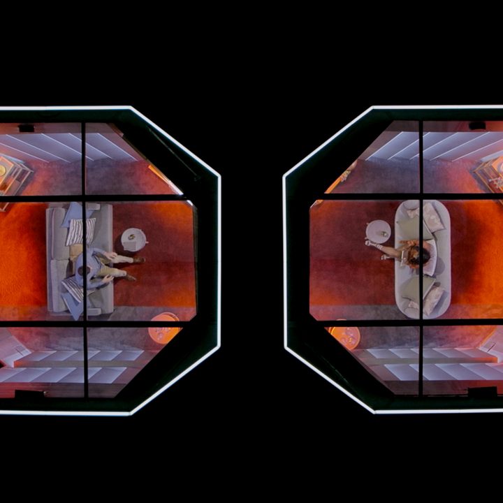 Overhead view of two people in their pods in Love Is Blind.