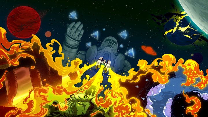 A cartoonish space ship blasts off towards a massive floating statue in Lunar Lander Beyond.