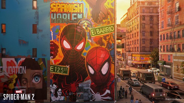 Street art of the Spider-Men in Marvel's Spider-Man 2.