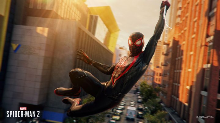 EMBARGOED FOR 9/15 8 AM PT Miles swings through New York in Marvel's Spider-Man 2.