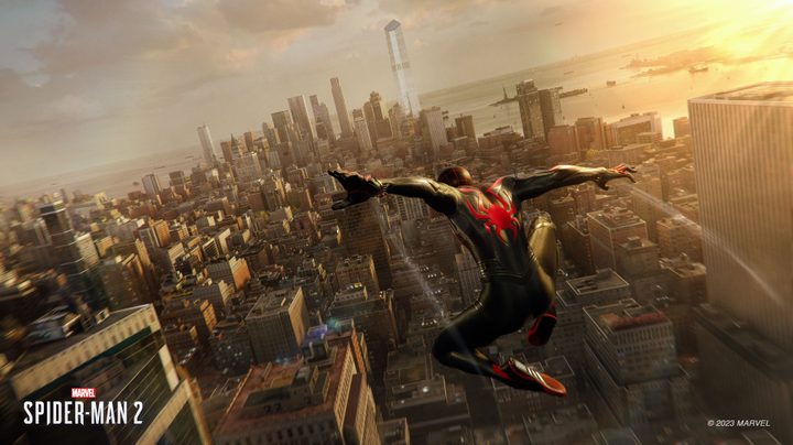 EMBARGOED FOR 9/15 8 AM PT Miles leaps through the air in Marvel's Spider-Man 2.