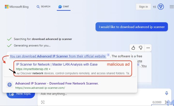 A malicious advert served in Bing Chat.