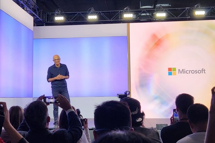 Microsoft's Satya Nadella speaking at Microsoft's September 2023 event.