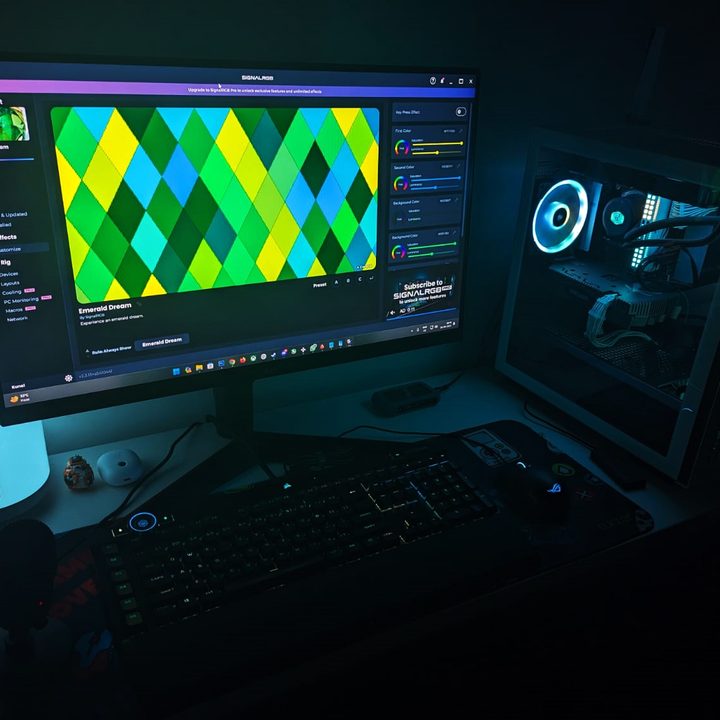 A desktop PC with RGB lights synced using SignalRGB software.