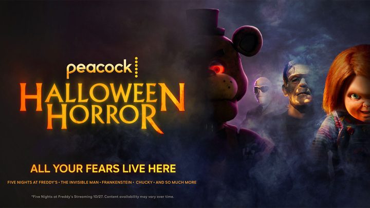 Freddy Fazbear, the Invisible Man, Frankenstein's Monster, and Chucky from Peacock's Halloween Horror.