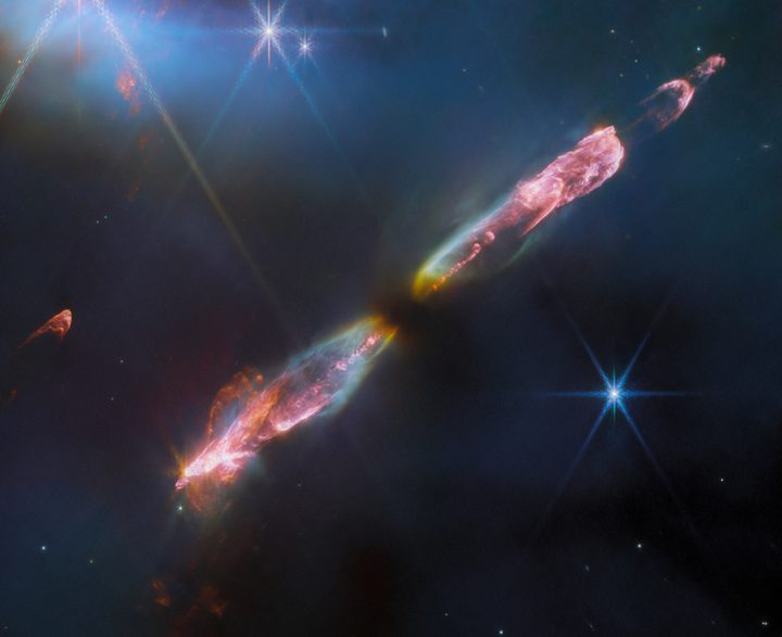 NASA’s James Webb Space Telescope’s high resolution, near-infrared look at Herbig-Haro 211 reveals exquisite detail of the outflow of a young star, an infantile analogue of our Sun. Herbig-Haro objects are formed when stellar winds or jets of gas spewing from newborn stars form shock waves colliding with nearby gas and dust at high speeds.