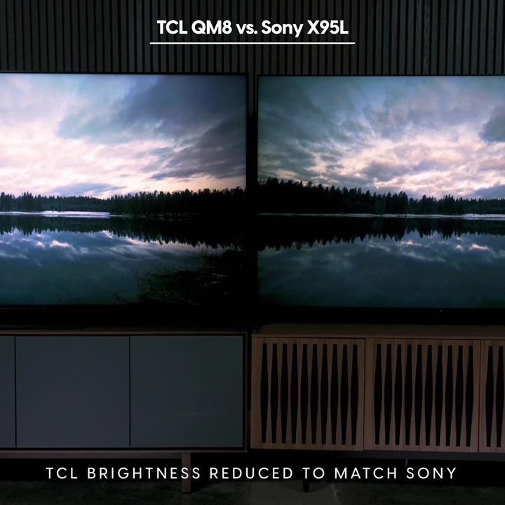 Side-by-side comparison of a sunset on a Sony Bravia X95L vs TCL QM8.