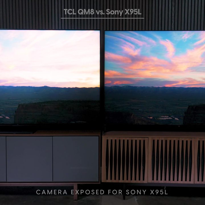 Side by side comparison of a sunset on a Sony Bravia X95L vs TCL QM8.