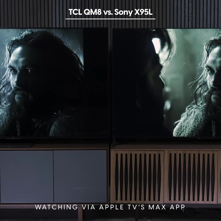 Side by side comparison of a screen grab from Justice League as seen on the AppleTV Max app on the Sony Bravia X95L vs TCL QM8.