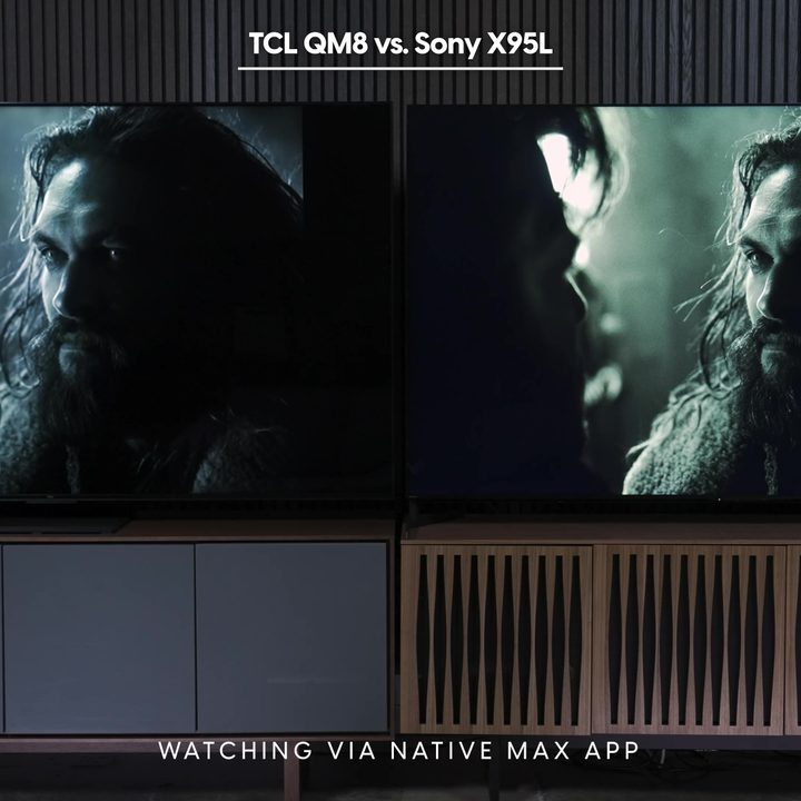 Side by side comparison of a screen grab from Justice League as seen on the native Max app on the Sony Bravia X95L vs TCL QM8.
