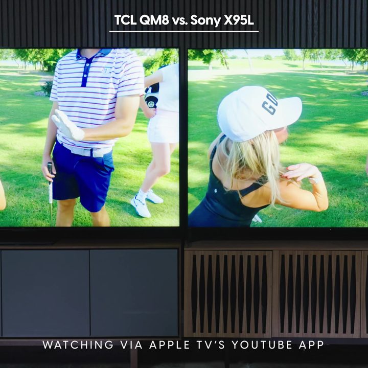Side by side comparison of an screengrab from the Good Good Golf channel on the Apple TV YouTube app shown on the Sony Bravia X95L vs TCL QM8.